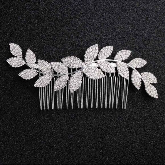 Rhinestone Leaf Bridal Hair Comb, Silver Sparkly - Picture 1 of 4